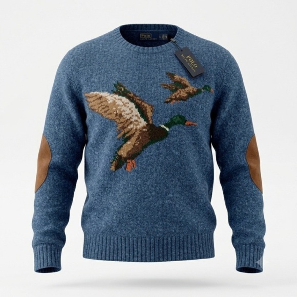 NWT Polo Ralph Lauren Mallard Duck Suede Elbow Patch Wool Sweater Blue Mens S